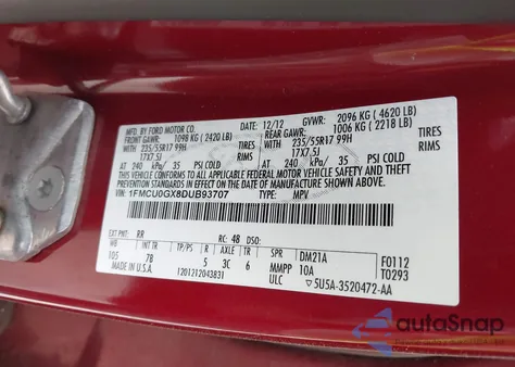 2013 Ford Escape Se из США, поврежденный, VIN 1FMCU0GX8DUB93707